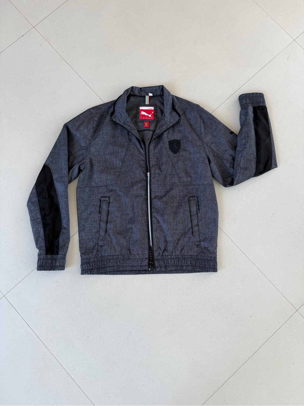 Ferrari x Puma Men's Charcoal Gray Bomber Jacket with Black Sleeve Panels